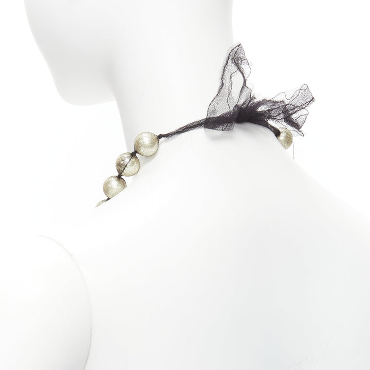 LANVIN ALBER ELBAZ cream pearl black mesh ribbon wrap princess necklace