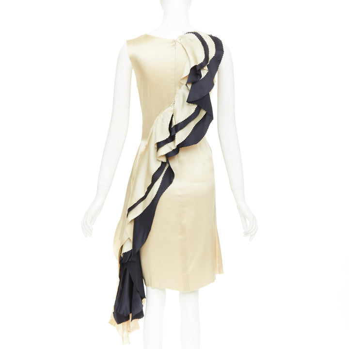 RODARTE 100%  silk champagne black cascade ruffle bias cut cocktail dress US2 S