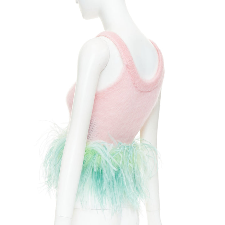 SAINT LAURENT 2022 Runway pink mohair wool green feather hem crop sweater M