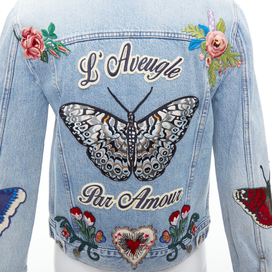 GUCCI L'Aveugle Par Amour blue embroidered denim patch denim jacket IT38 XS