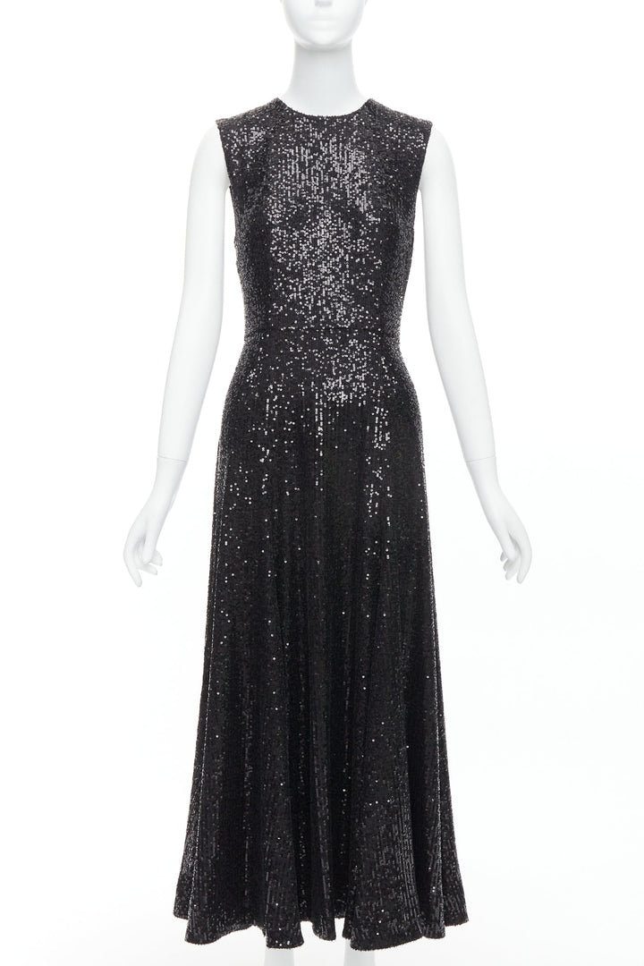 E. STOTT Olie black sequin high neck A-line midi evening dress UK10 M