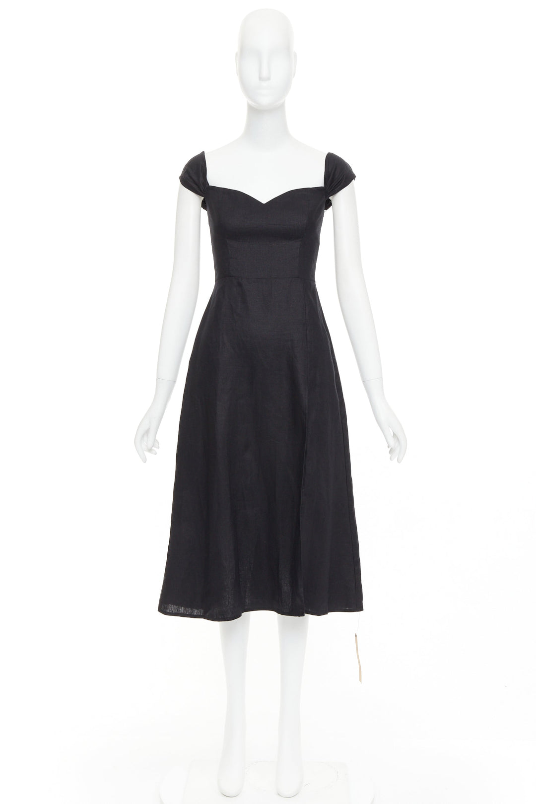 REFORMATION Bridgton black 100% linen cap sleeves sweetheart midi dress US2 S