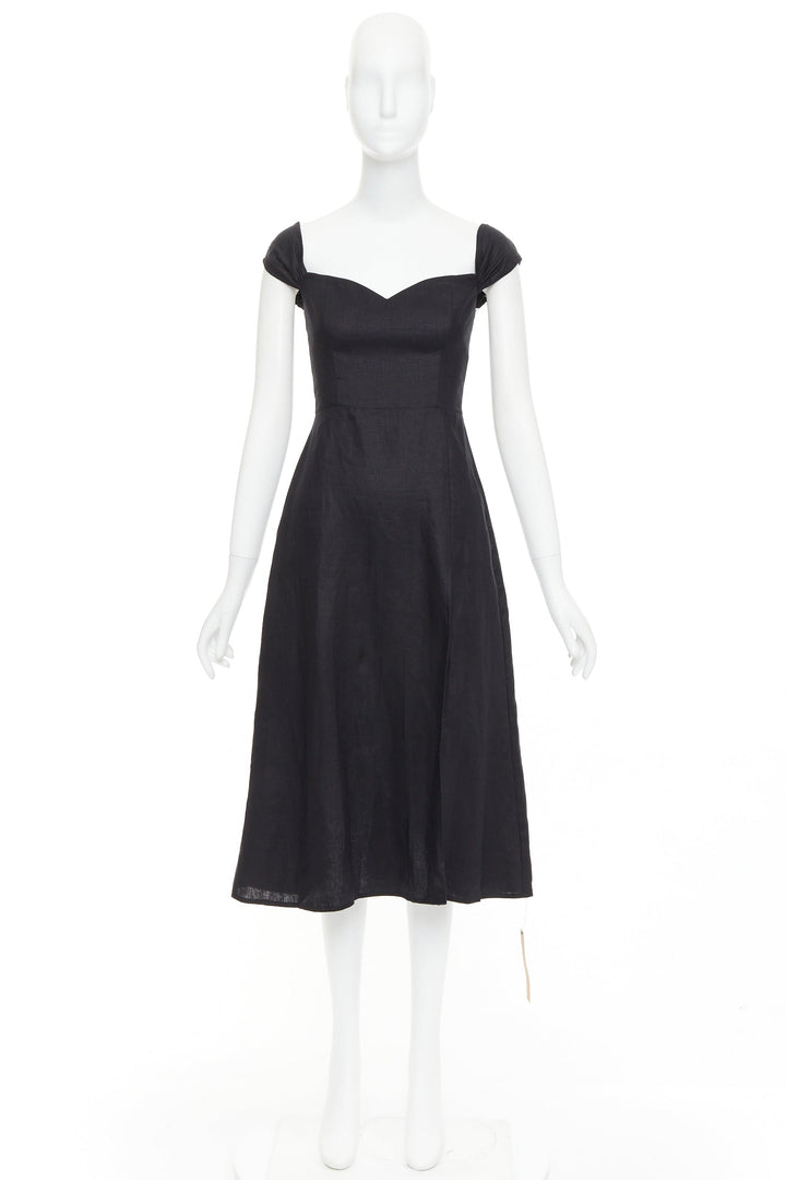 REFORMATION Bridgton black 100% linen cap sleeves sweetheart midi dress US2 S