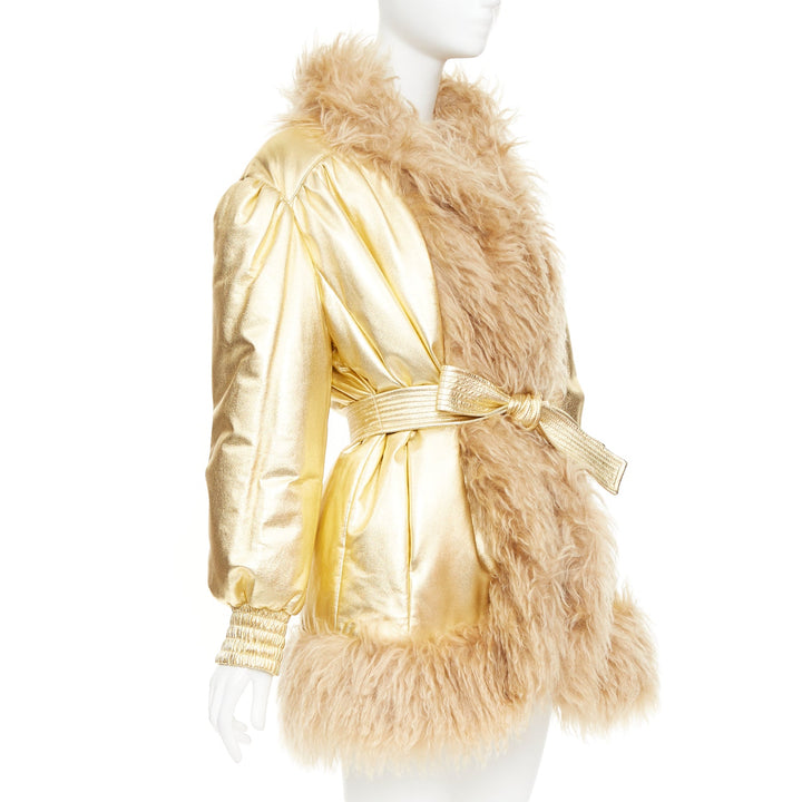 MIU MIU 2019 gold lambskin brown mohair shaggy fur collar robe coat IT36 XXS