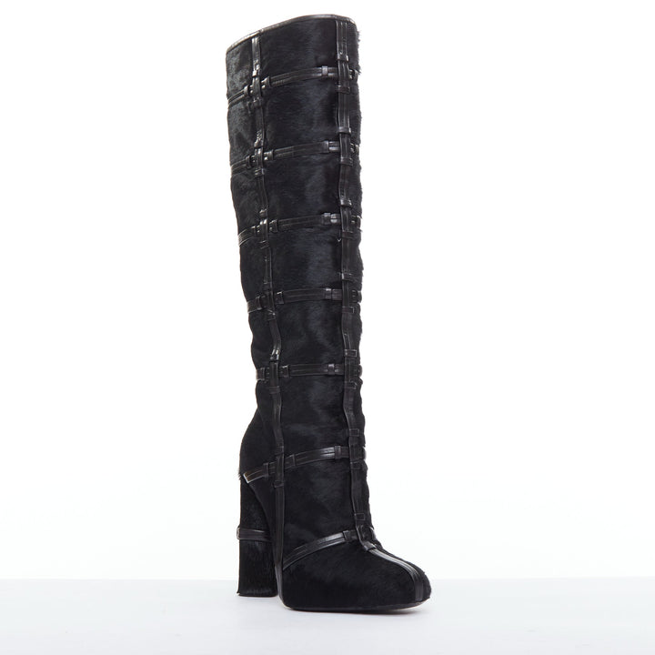 TOM FORD black ponyhair leather cage trim block heeled boots EU36