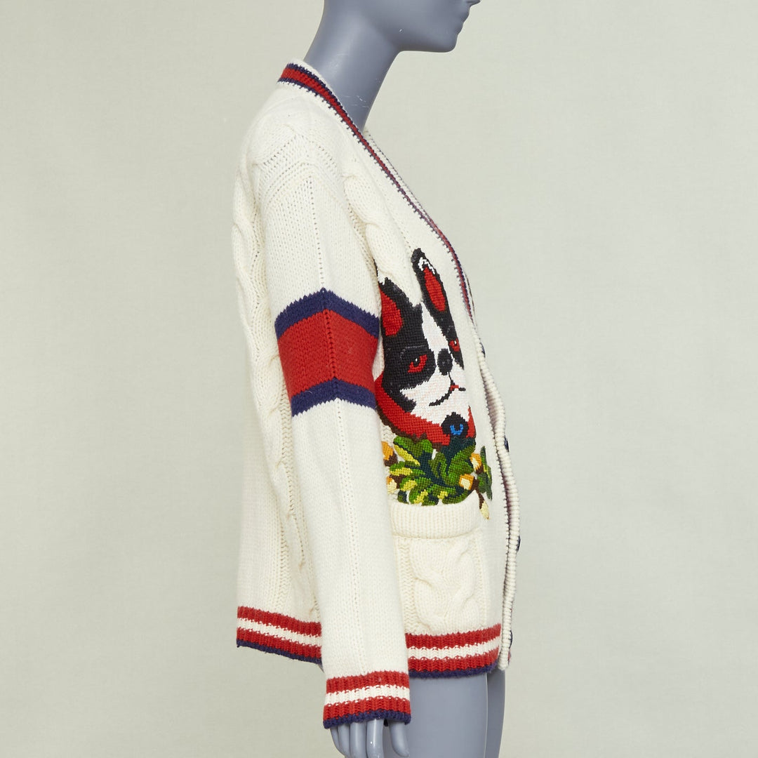 GUCCI 2018 Bosco Orso Year of Dog red cream wool needlepoint knit cardigan XXS