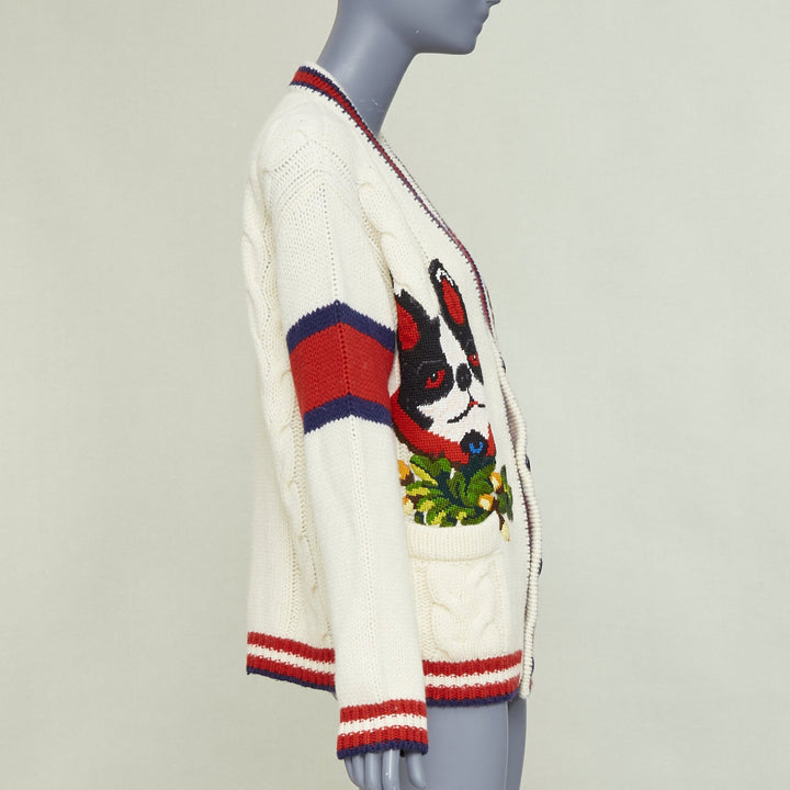 GUCCI 2018 Bosco Orso Year of Dog red cream wool needlepoint knit cardigan XXS