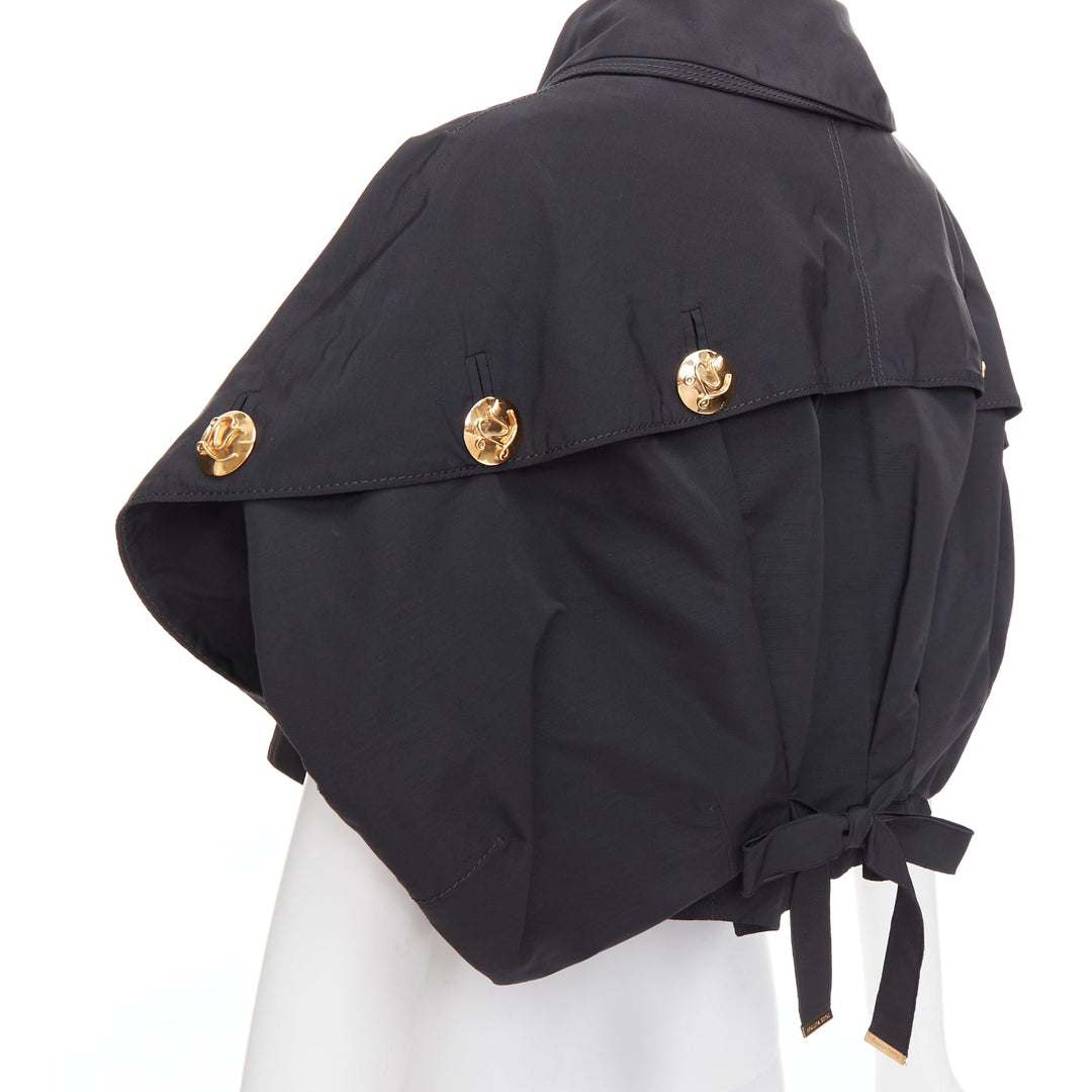 LOUIS VUITTON black georgette gold italic LV buttons cropped jacket FR34 XS