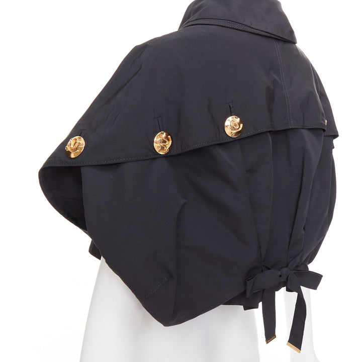 LOUIS VUITTON black georgette gold italic LV buttons cropped jacket FR34 XS