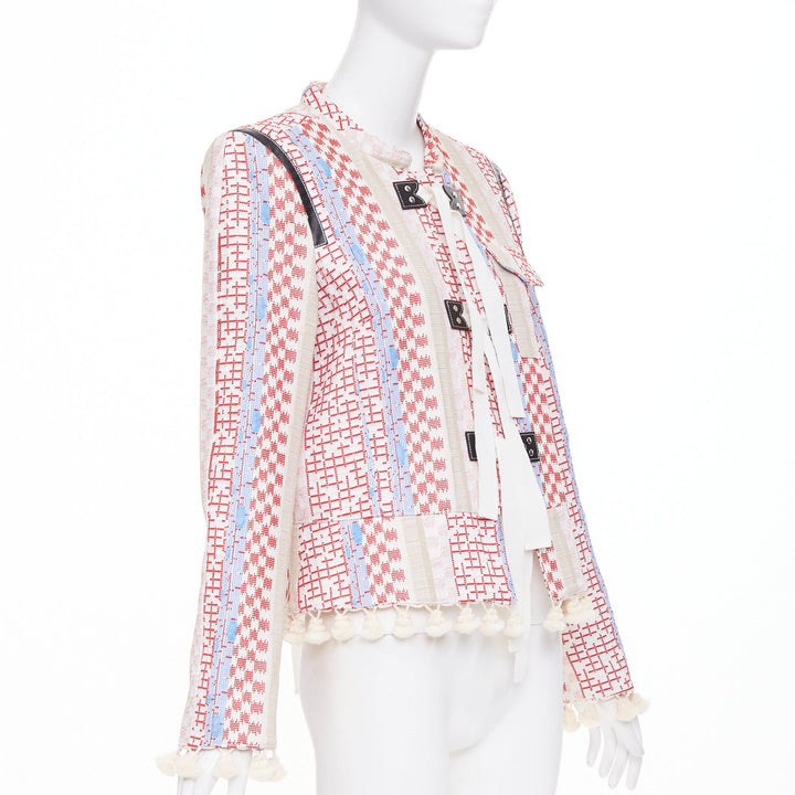 ALTUZARRA 2016 Runway Ghianda geometric check weave pompom jacket FR42 L