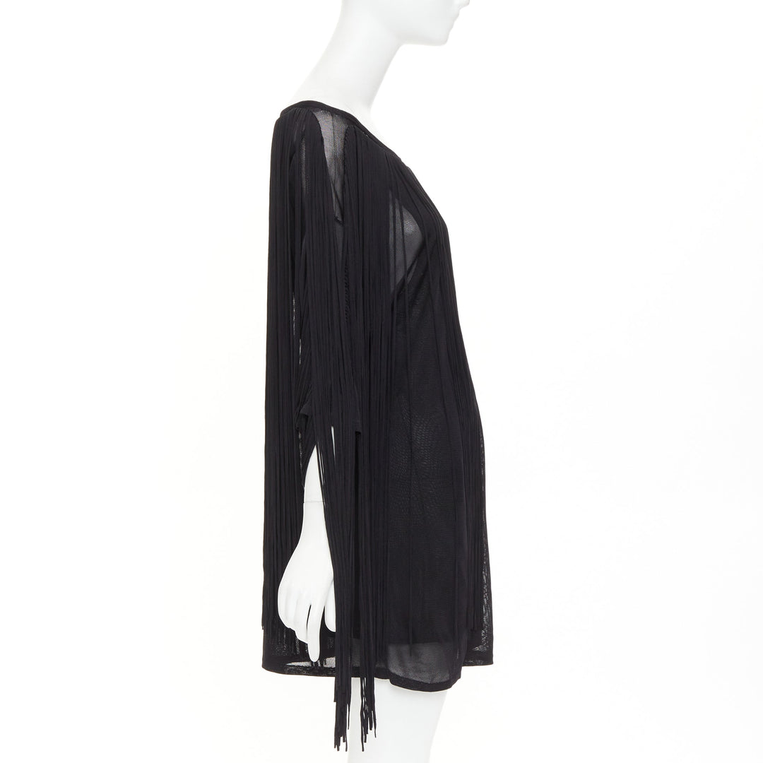 3.1 PHILLIP LIM black rayon long fringe bateau neck sheer overlay mini dress M