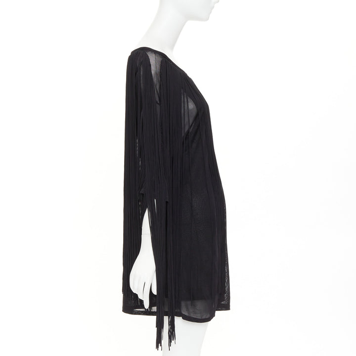 3.1 PHILLIP LIM black rayon long fringe bateau neck sheer overlay mini dress M