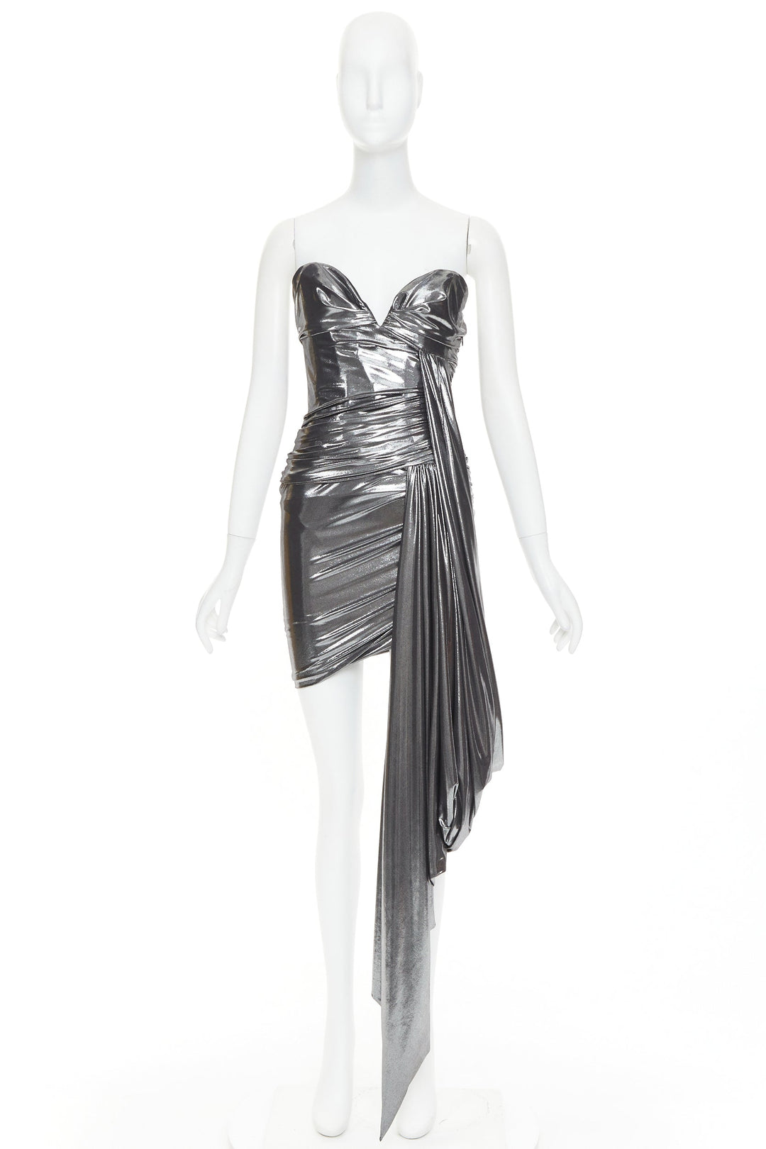 ALEXANDRE VAUTHIER AW2023 Runway silver liquid metal drape asymmetric mini dress