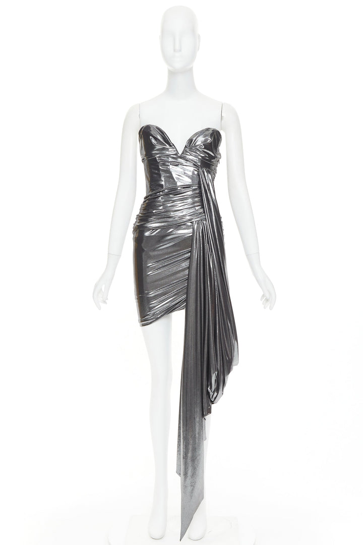 ALEXANDRE VAUTHIER AW2023 Runway silver liquid metal drape asymmetric mini dress