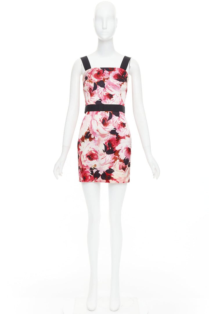DOLCE GABBANA Vintage pink rose peonies floral black strap mini dress IT40 S