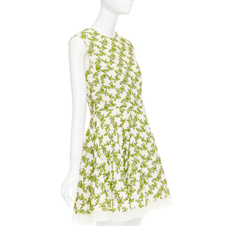 GIAMBATTISTA VALLI ivory green floral leaf embroidery anglais dress IT44 M