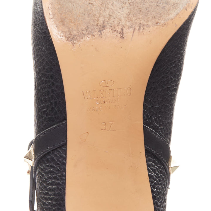 VALENTINO black textured calfskin gold buckle studded short ankle boots EU37