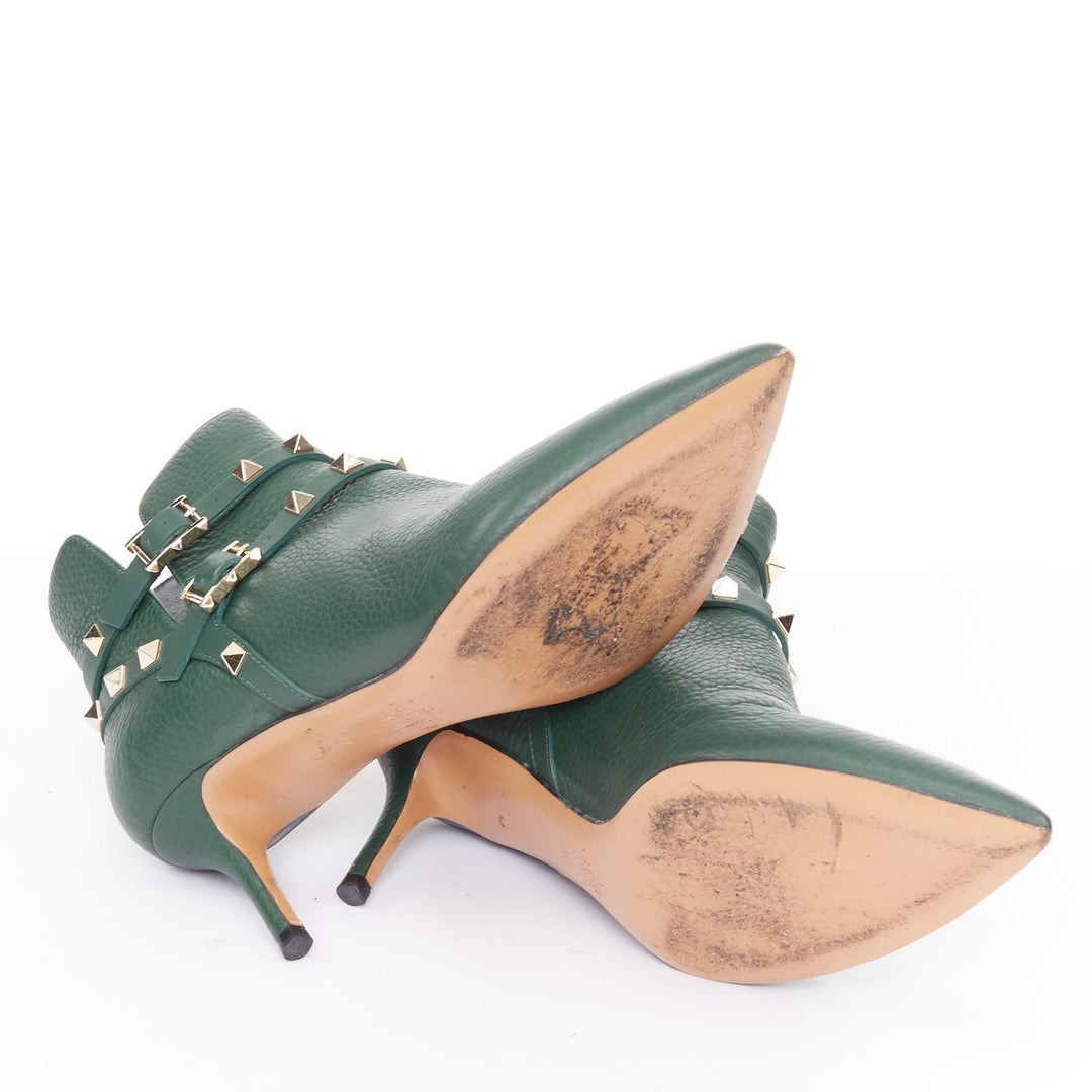 VALENTINO Rockstud green pebbled calf leather gold stud harness ankle boots EU37