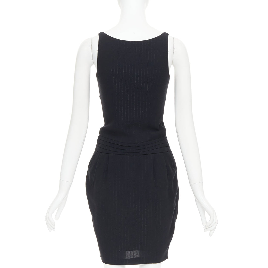 BALMAIN black lurex pinstripe ruched front scoop neck curvy mini dress FR36 S