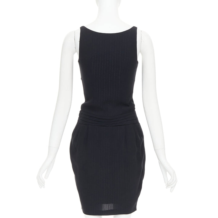 BALMAIN black lurex pinstripe ruched front scoop neck curvy mini dress FR36 S