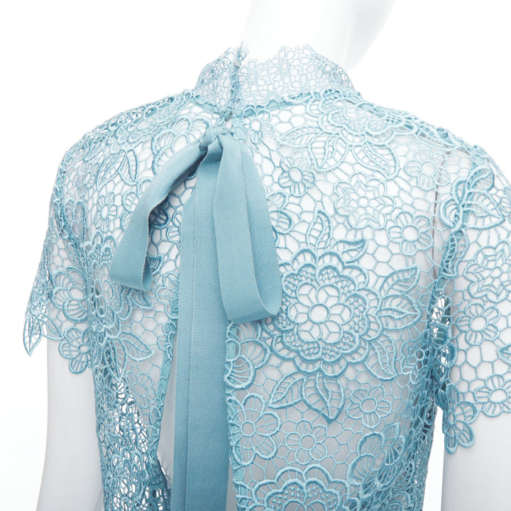 SELF PORTRAIT Guipure sky blue lace open-back scallop top UK6 XS