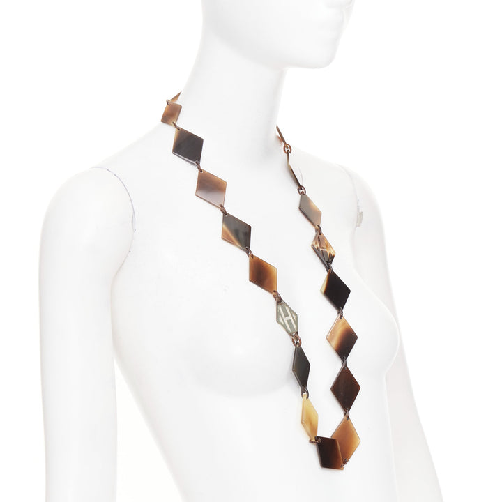 HERMES Lena Buffalo Horn 925 sterling silver diamond shape sautoir necklace