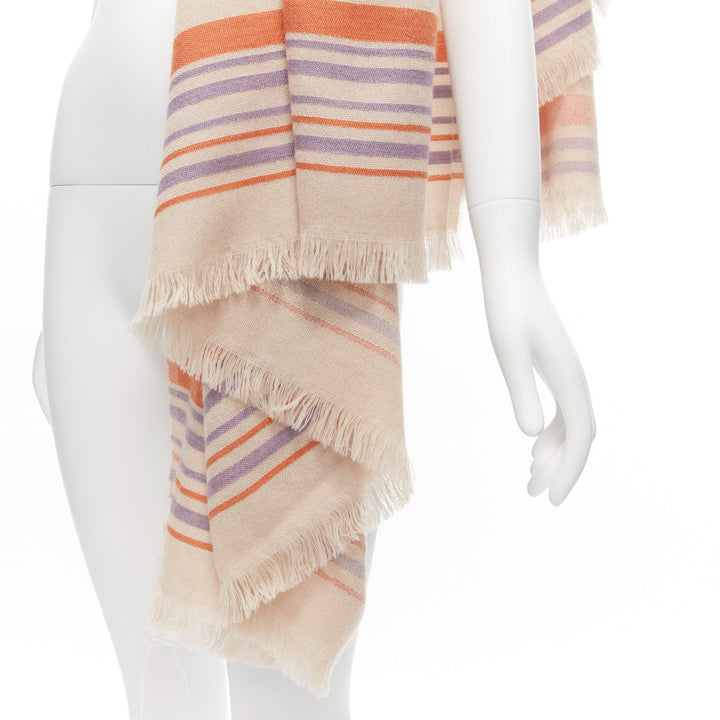 ETRO Home Collection 100% merino wool beige logo stripes fringe scarf