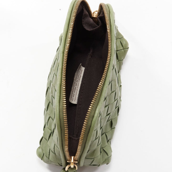 BOTTEGA VENETA green intrecciato knot gold zip small zip pouch bag
