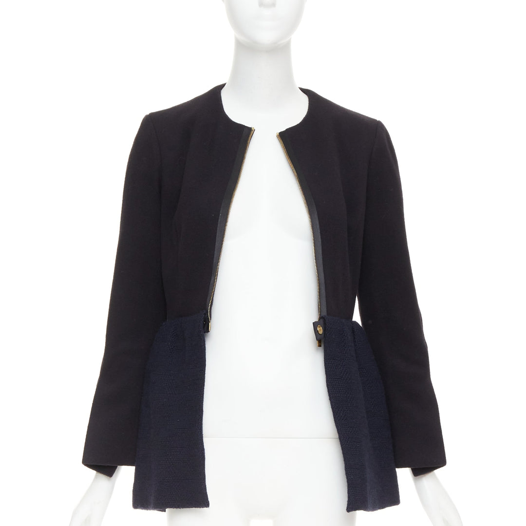 THE ROW Loxton black navy structured wool textured peplum gold zip coat US0 XS