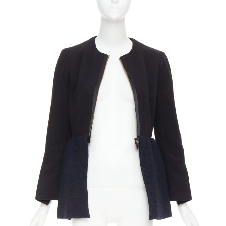 THE ROW Loxton black navy structured wool textured peplum gold zip coat US0 XS