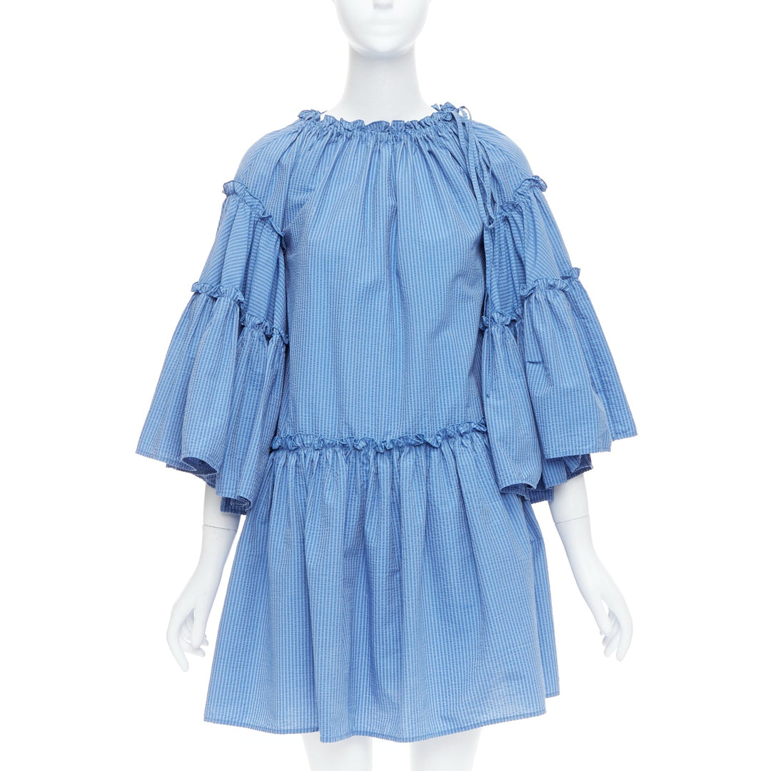 MSGM blue striped cotton blend flared sleeves drawstring dress IT38 XS