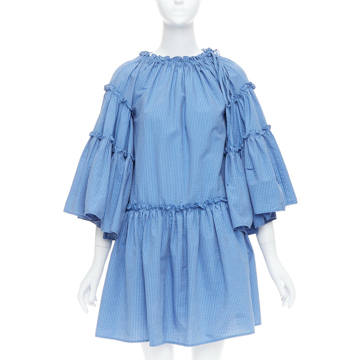 MSGM blue striped cotton blend flared sleeves drawstring dress IT38 XS