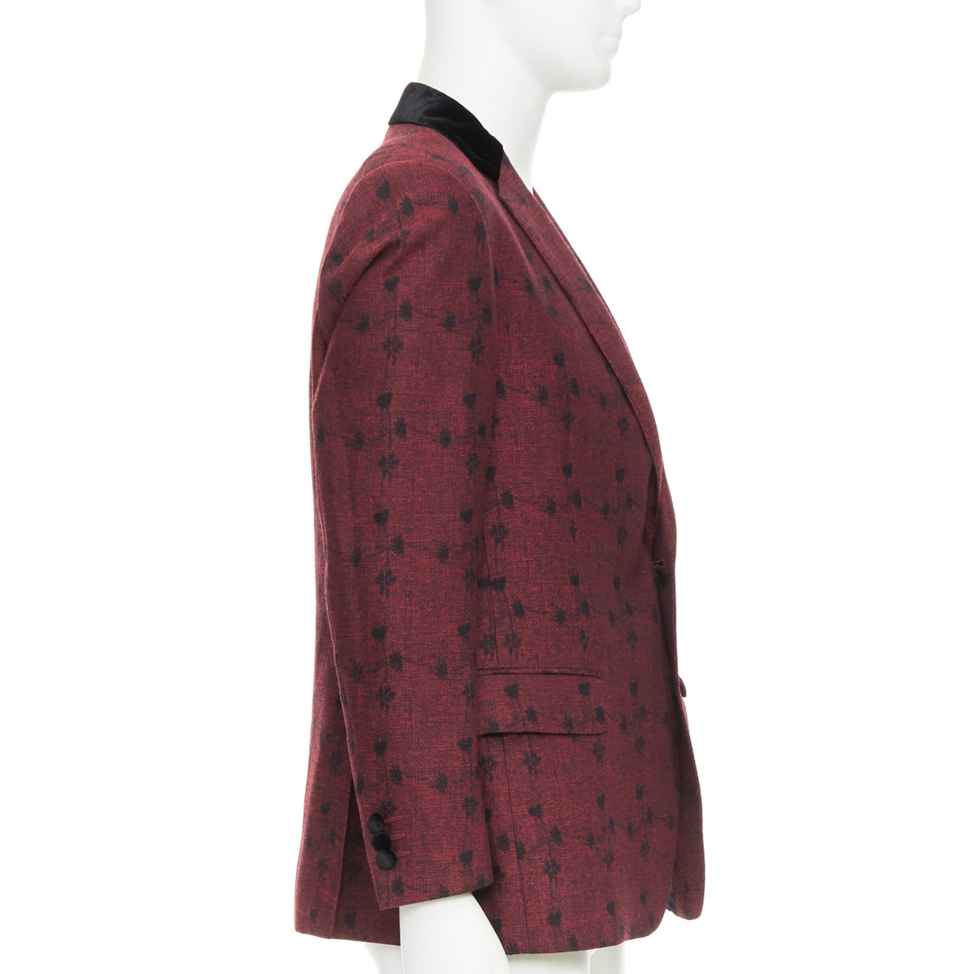 ETRO wine red velvet trim wool silk single breasted floral blazer IT52 XL
