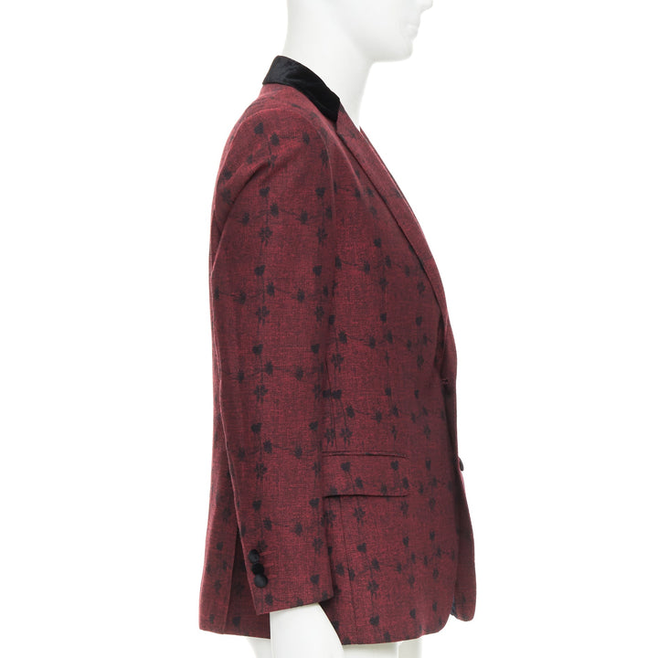 ETRO wine red velvet trim wool silk single breasted floral blazer IT52 XL