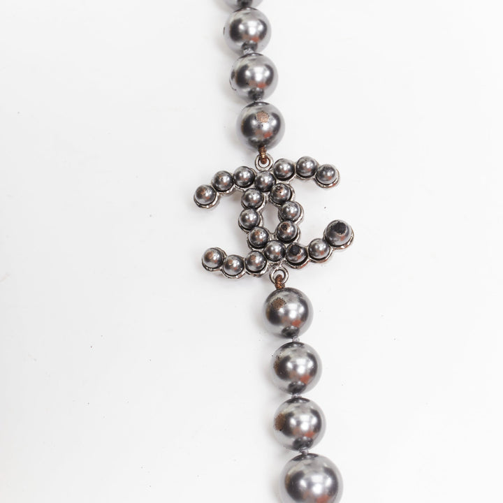 CHANEL B15P CC grey ruthenium metallic glass pearl long strand sautoir necklace