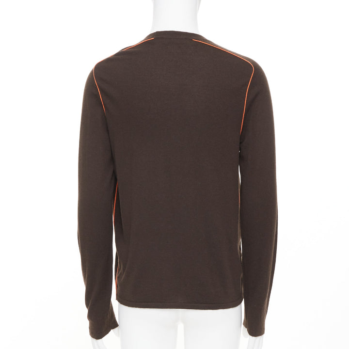 HERMES Vintage 100% cashmere brown contrast orange piping knit crew sweater M