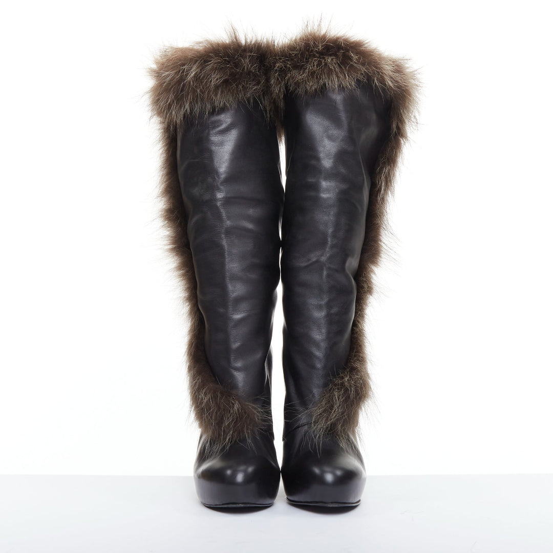 HERME 2010 Runway  black leather brown fur lined buckled block heeled boots EU39