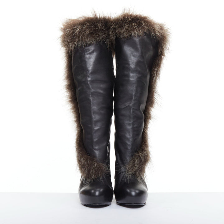 HERME 2010 Runway  black leather brown fur lined buckled block heeled boots EU39