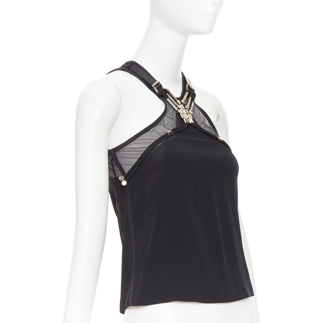 GUCCI 2009 black silk blend metal leather embellished tank top IT38 XS
