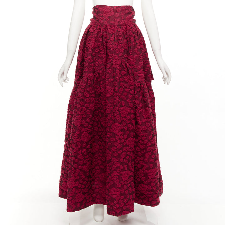 ANAIS JOURDEN red cotton blend floral 3D jacquard tie full gown skirt FR36 S