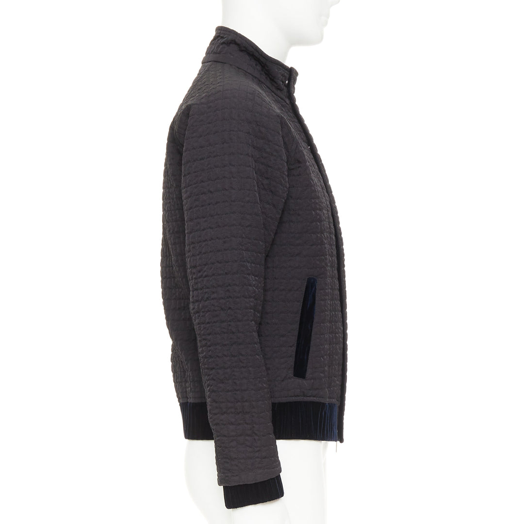 GIORGIO ARMANI black fine grid quilted nylon velvet trim zip up jacket IT46 S