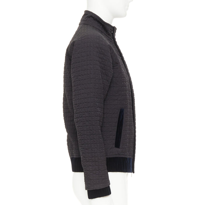 GIORGIO ARMANI black fine grid quilted nylon velvet trim zip up jacket IT46 S