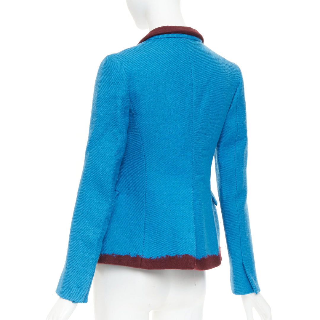 PRADA 2007 Runway turquoise wool raw edge burgundy felt trim blazer IT38 XS