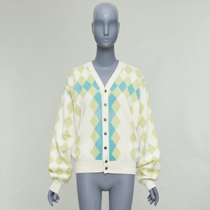 GIANNI VERSACE Vintage yellow green argyle wool cashmere cardigan IT50 L