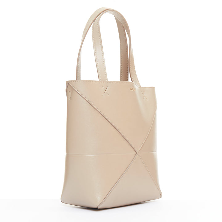 LOEWE 2023 Mini Puzzle Fold Tote sand grey leather gold logo top handle bag