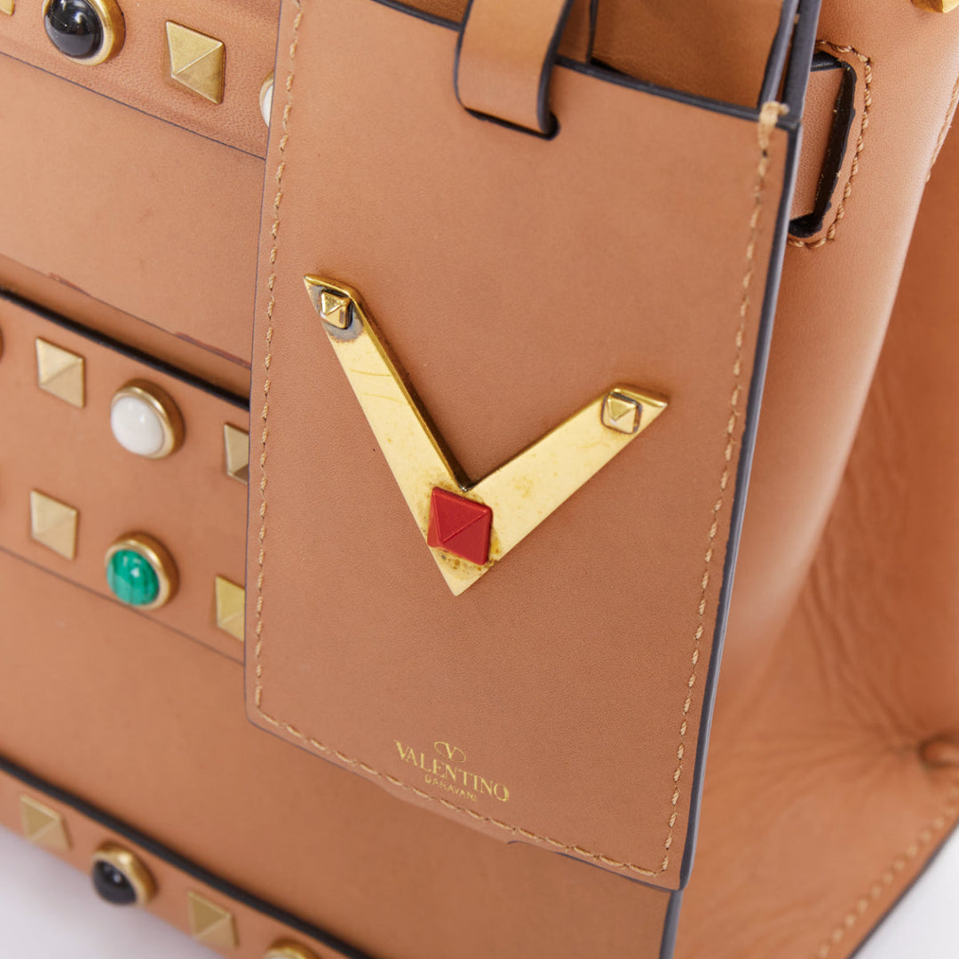 VALENTINO Rockstud Native Couture brown calfskin multi stone stud satchel bag