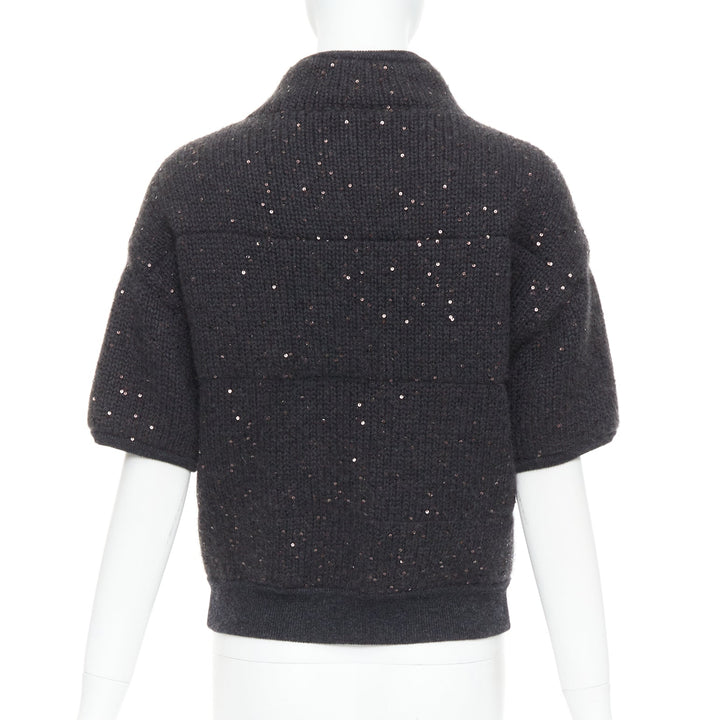 BRUNELLO CUCINELLI Cashmere dark grey sequin padded crop cardigan M