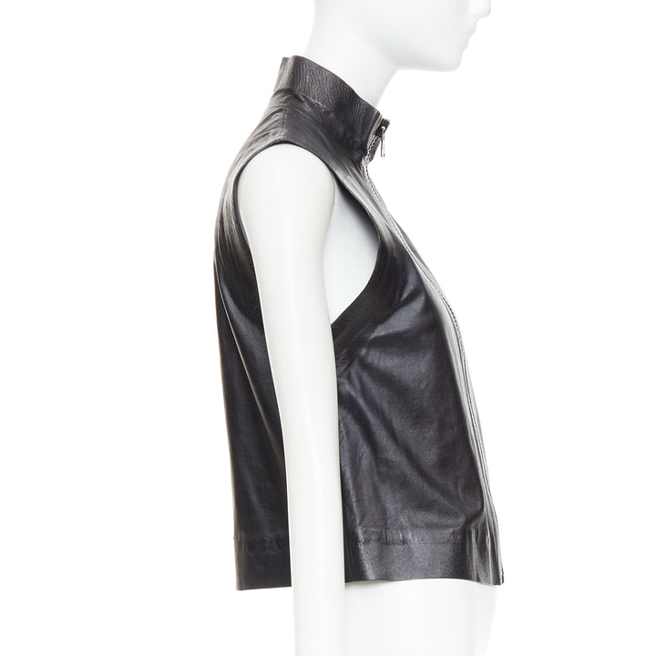 LOUIS VUITTON black leather logo zipper back yoke vest jacket