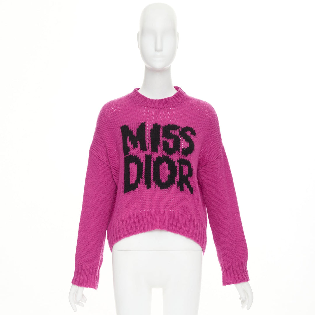 DIOR 2024 Runway Miss Dior magenta pink black logo cashmere silk sweater FR34 XS