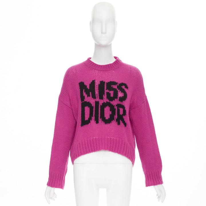 DIOR 2024 Runway Miss Dior magenta pink black logo cashmere silk sweater FR34 XS